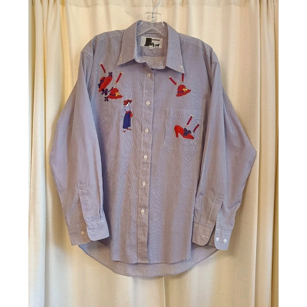 ShipShe Women's 1X‎ Striped Embroidered Red Hats Button Up Long Sleeve Shirt